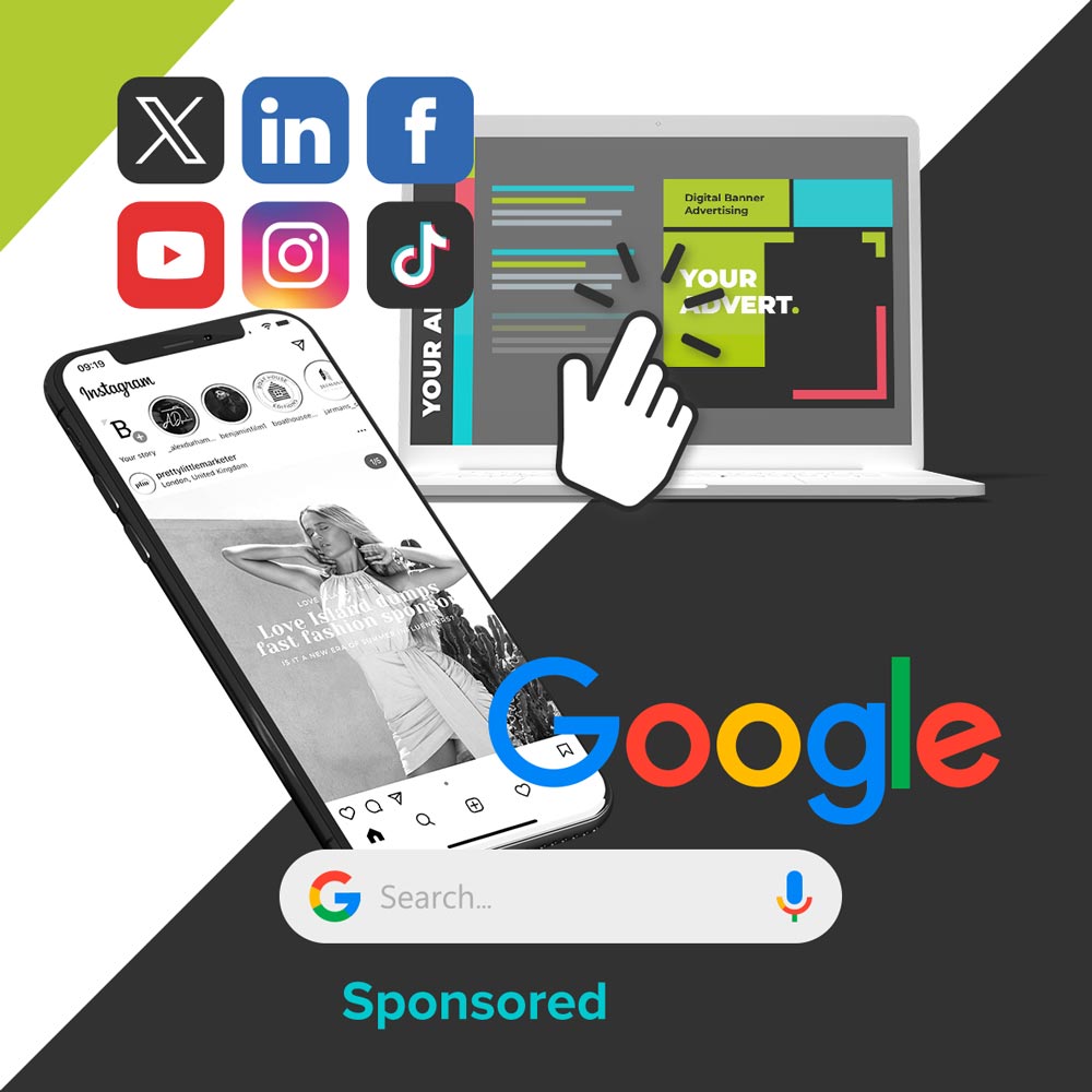 Google and Social Media PPC advertising Image showing laptop and mobile.