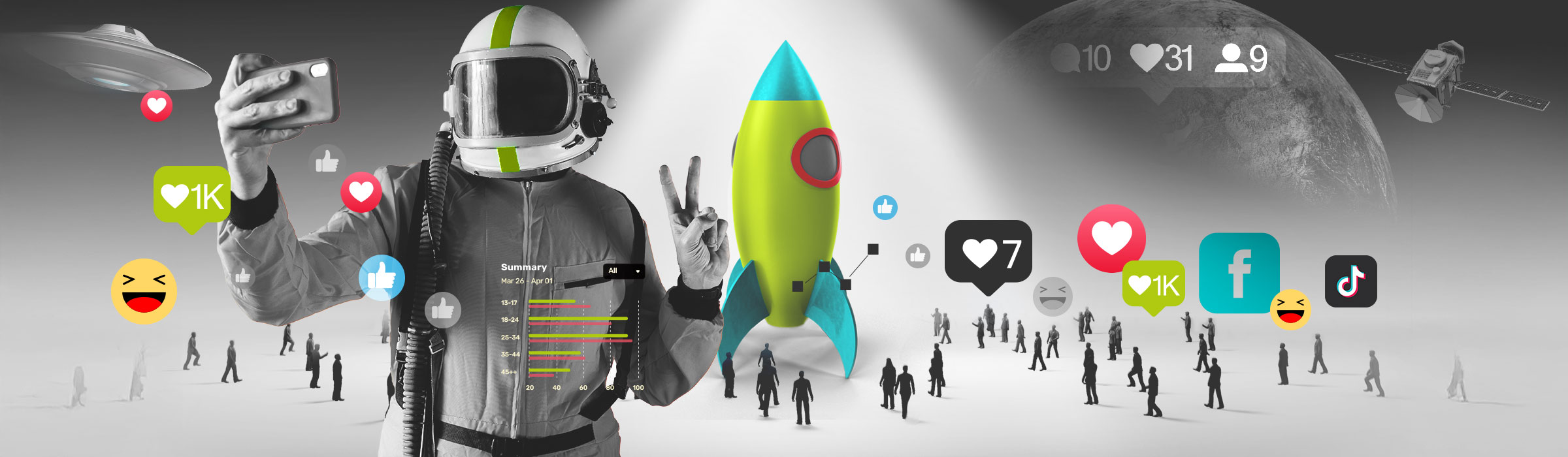 Social Media Influencer astronaut lands on another planet and takes a selfie. In the background is there is a UFO and space scene. The crowds gather his rocket and all share emojis.