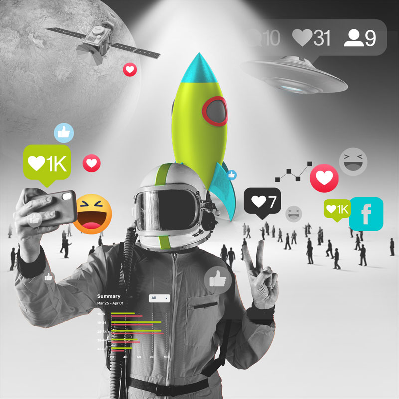 Social Media Influencer astronaut lands on another planet and takes a selfie. In the background is there is a UFO and space scene. The crowds gather his rocket and all share emojis.