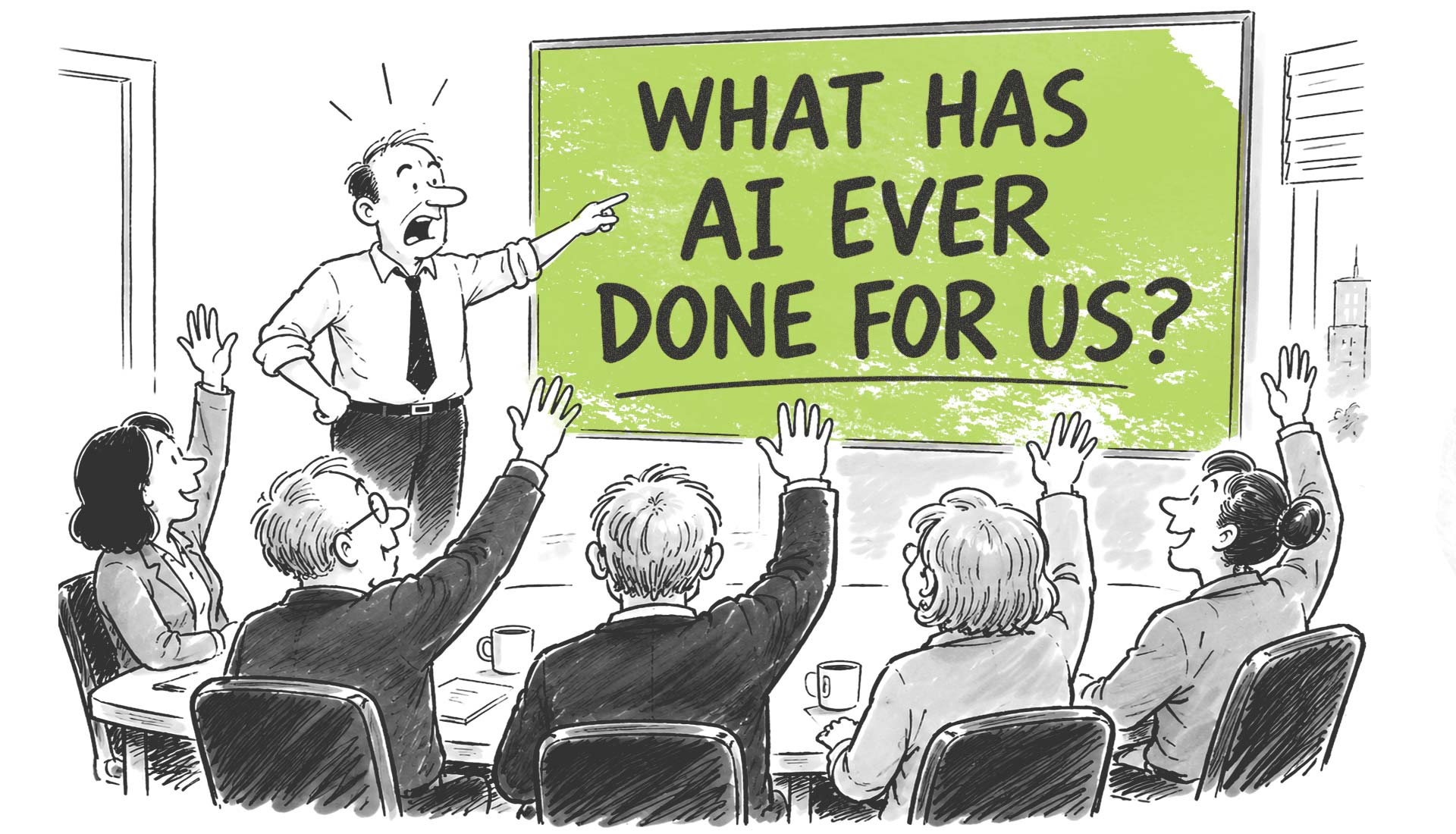 Blog featured image. There presenter is asking 'What has AI ever done for us?' Group of company execs sitting around a boardroom table with hands up wanting to answer in a Monty Python way.